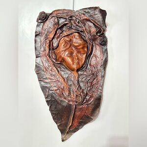Vintage Leather Sculptured Woman's Face Wall Art Hanging Mask Home Decor 20"T